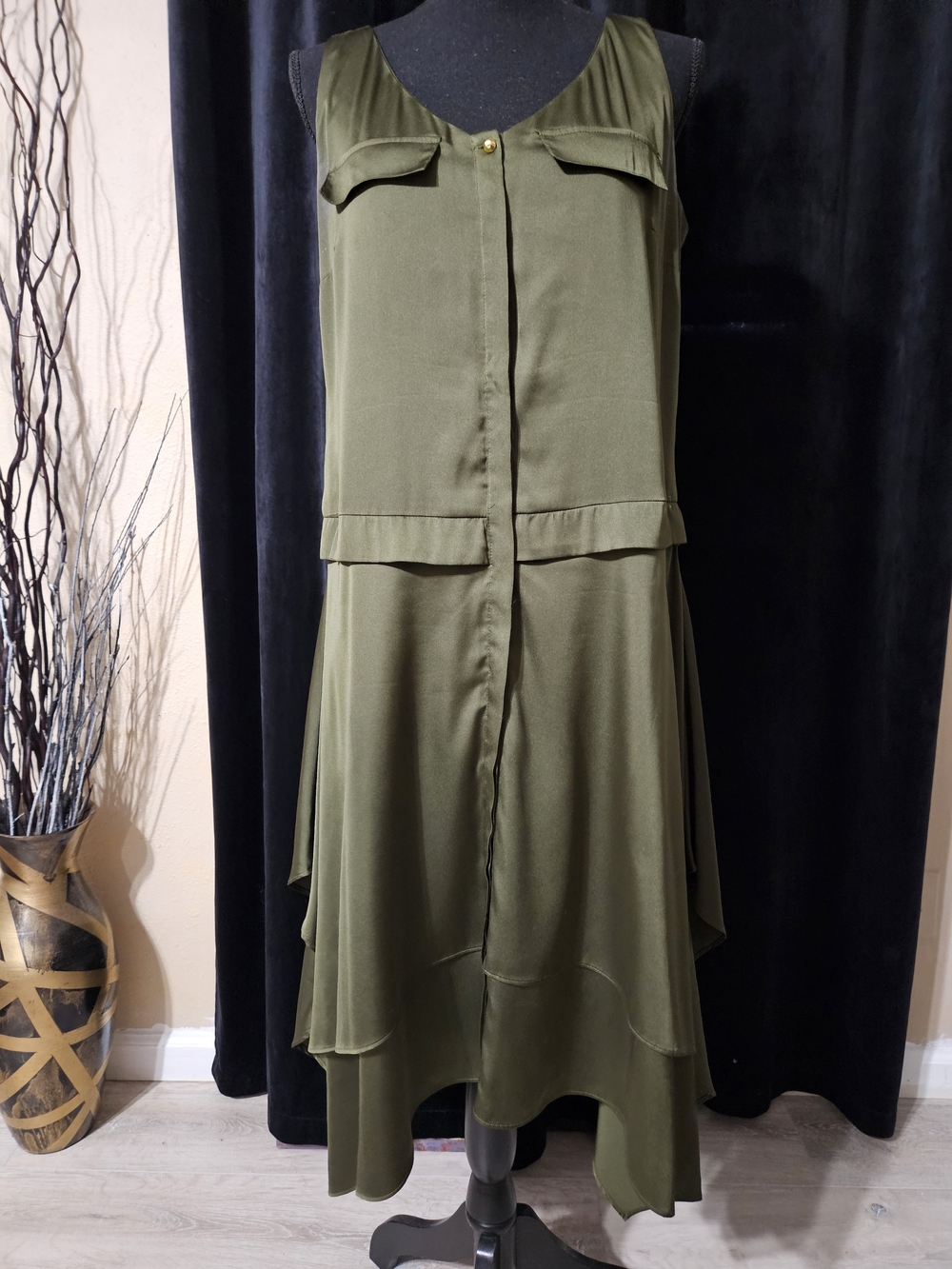 Worthington Olive Green Asymmetrical Layered Midi Dress